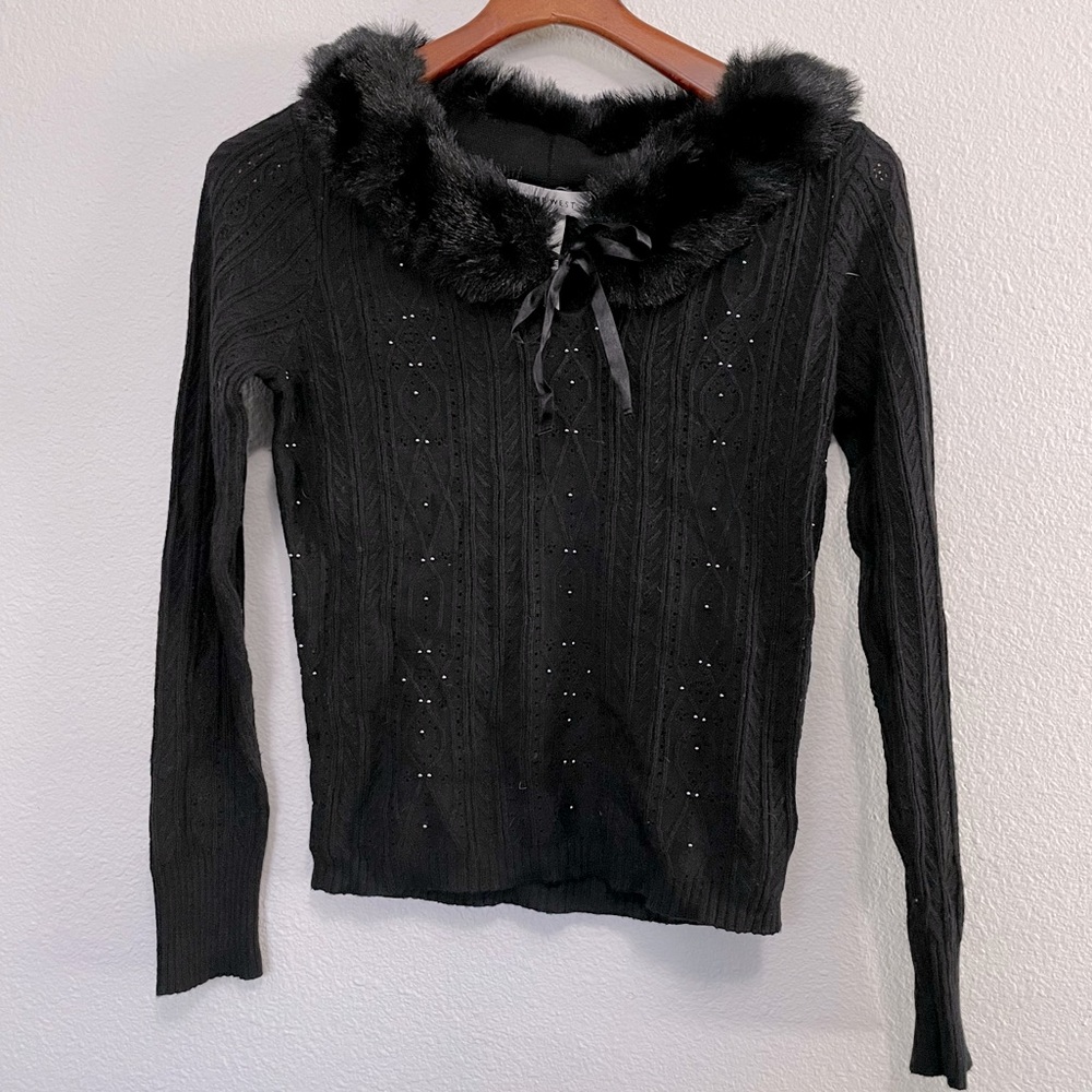 Vintage 90’s Faux Fur Black Beaded Sweater Cashmere Blend